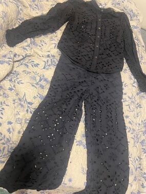 Veronica Beard Black Eyelet Wide-Leg Pants with Button-Front Top